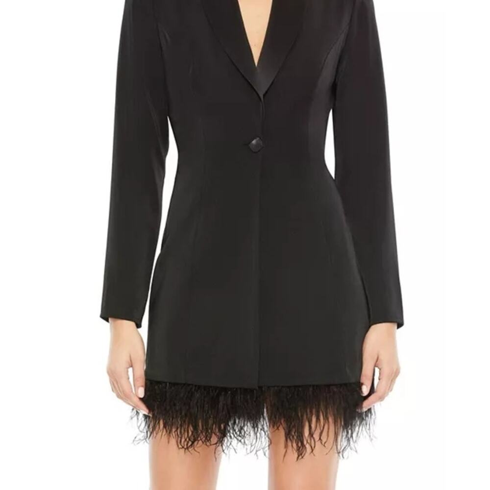 IEENA for Mac Duggal NWT Feathered Trim Tuxedo Black Dress, Size 6 - Picture 5 of 12